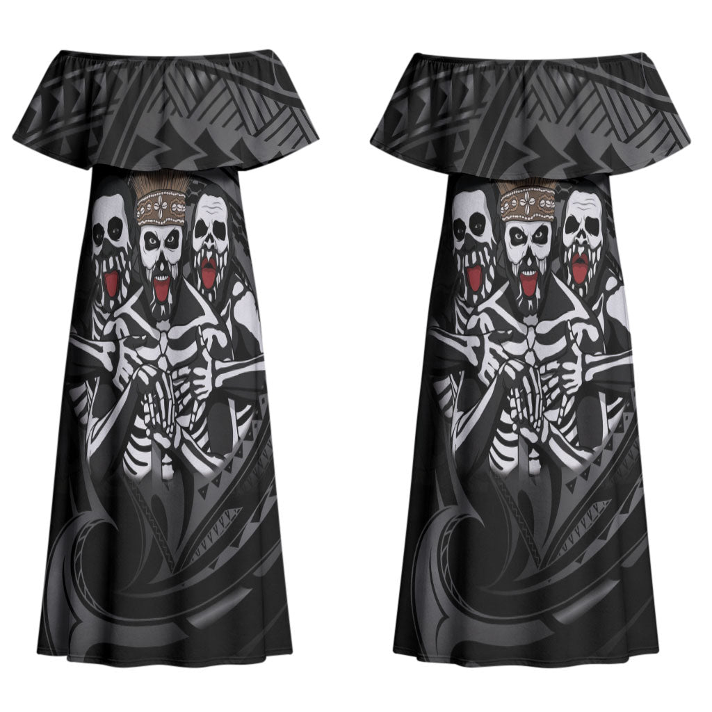 Skeleton Tribe Simbu Province Couples Matching Off Shoulder Maxi Dress and Long Sleeve Button Shirt Papua New Guinea Indigenous Pattern LT9 - Polynesian Pride