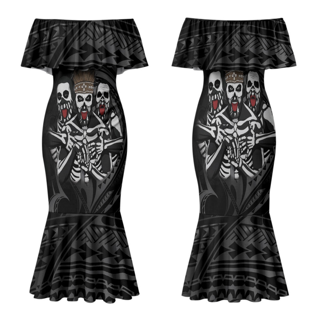 Skeleton Tribe Simbu Province Family Matching Mermaid Dress and Hawaiian Shirt Papua New Guinea Indigenous Pattern LT9 Mom's Dress Black - Polynesian Pride