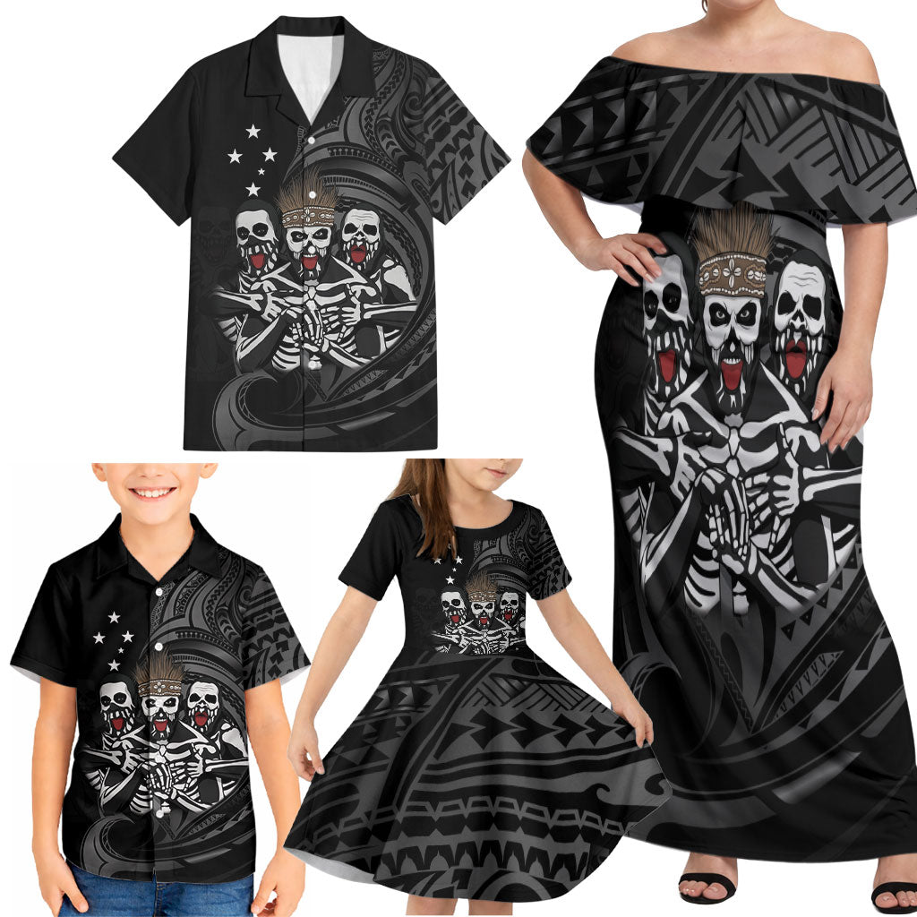 Skeleton Tribe Simbu Province Family Matching Off Shoulder Maxi Dress and Hawaiian Shirt Papua New Guinea Indigenous Pattern LT9 - Polynesian Pride