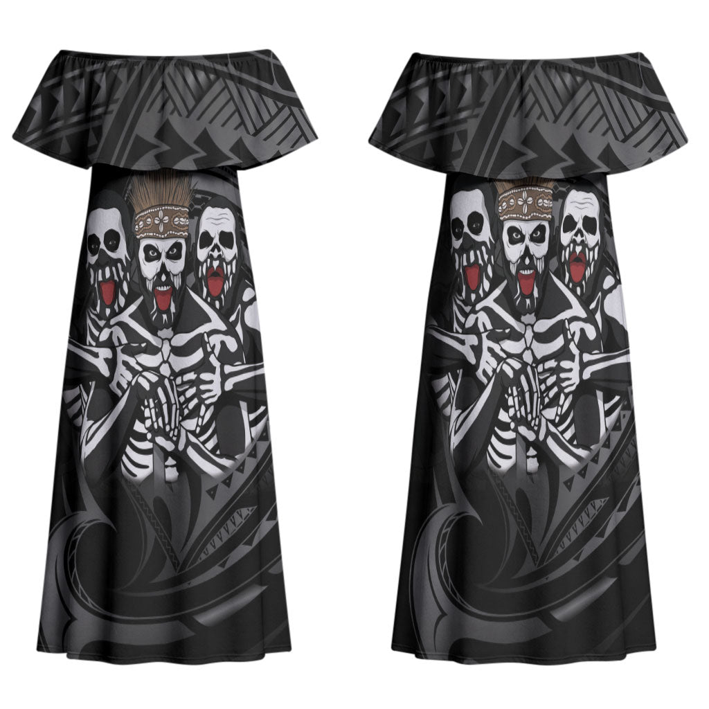 Skeleton Tribe Simbu Province Family Matching Off Shoulder Maxi Dress and Hawaiian Shirt Papua New Guinea Indigenous Pattern LT9 Mom's Dress Black - Polynesian Pride