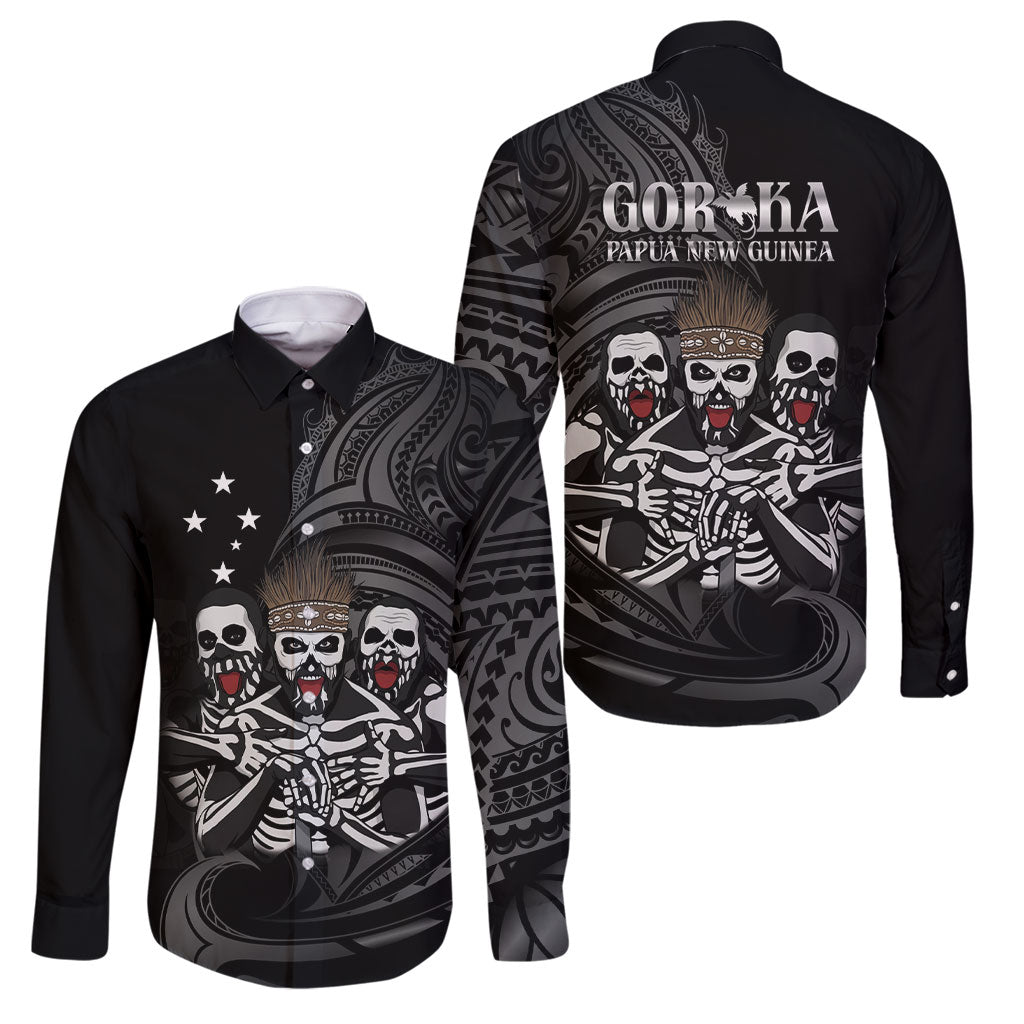 Skeleton Tribe Simbu Province Family Matching Off Shoulder Maxi Dress and Hawaiian Shirt Papua New Guinea Indigenous Pattern LT9 Dad's Shirt - Long Sleeve Black - Polynesian Pride
