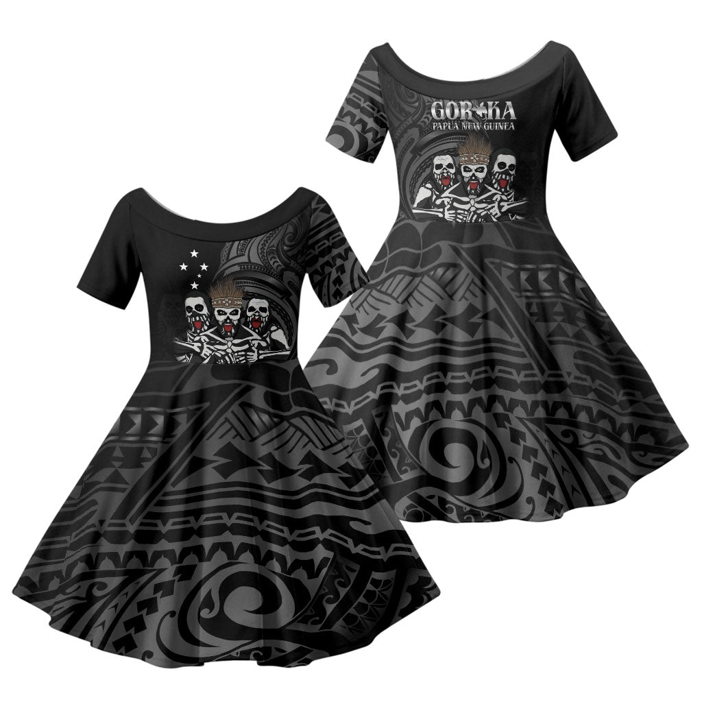 Skeleton Tribe Simbu Province Family Matching Off Shoulder Maxi Dress and Hawaiian Shirt Papua New Guinea Indigenous Pattern LT9 Daughter's Dress Black - Polynesian Pride