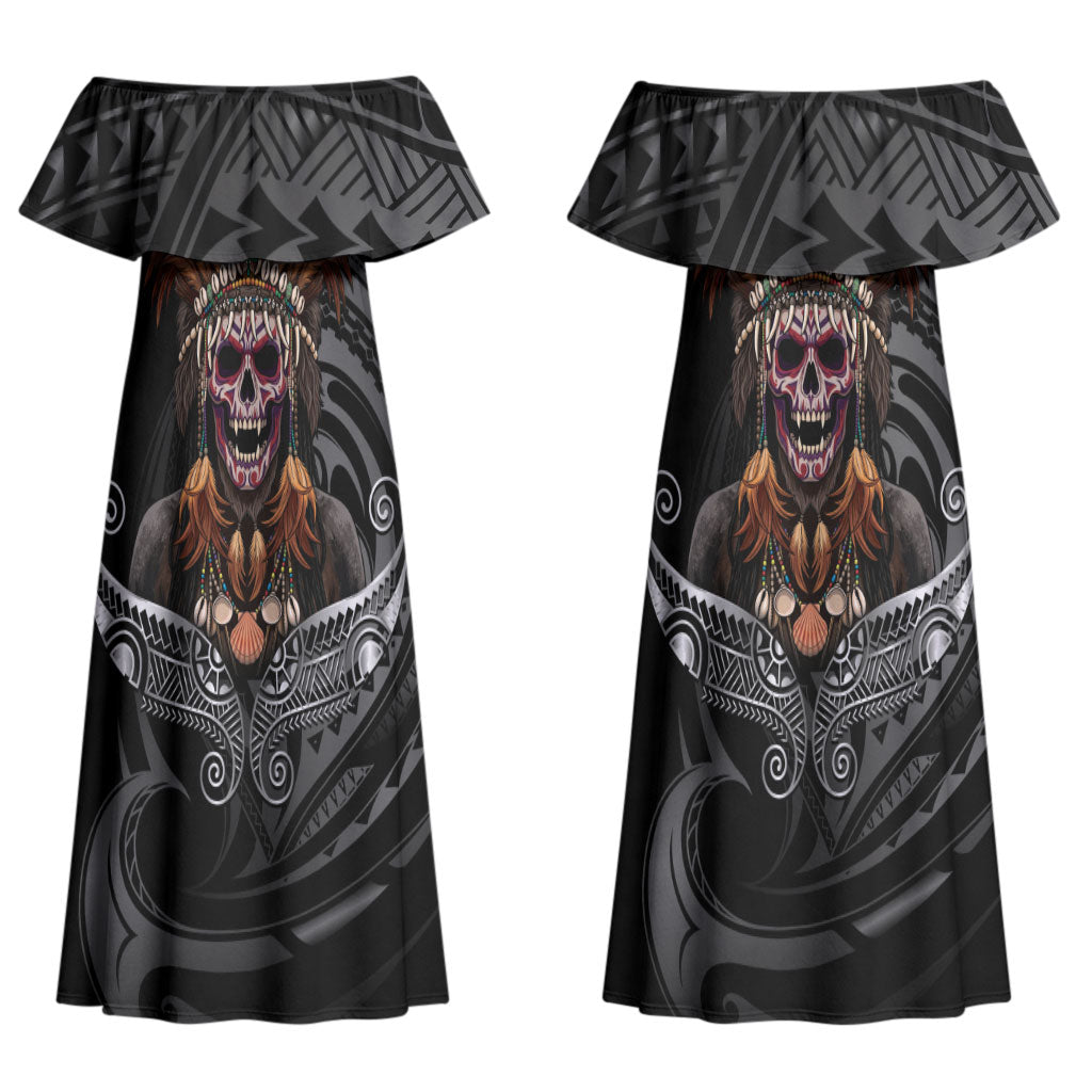 Mokomoko Tribe Eastern Highlands Province Couples Matching Off Shoulder Maxi Dress and Hawaiian Shirt Papua New Guinea Indigenous Pattern LT9 - Polynesian Pride