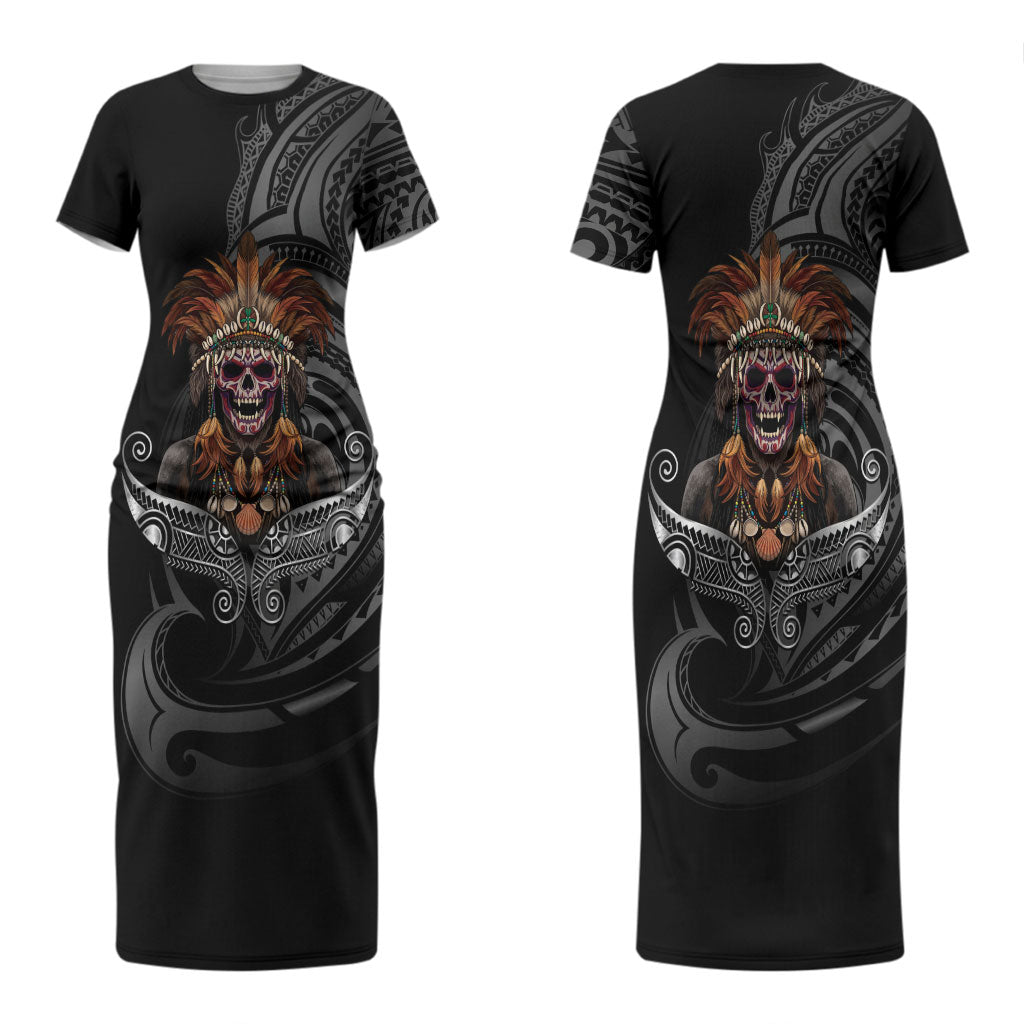 Mokomoko Tribe Eastern Highlands Province Couples Matching Short Sleeve Bodycon Dress and Hawaiian Shirt Papua New Guinea Indigenous Pattern LT9 - Polynesian Pride