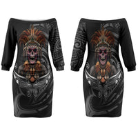 Mokomoko Tribe Eastern Highlands Province Family Matching Off The Shoulder Long Sleeve Dress and Hawaiian Shirt Papua New Guinea Indigenous Pattern LT9 Mom's Dress Black - Polynesian Pride