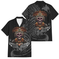 Mokomoko Tribe Eastern Highlands Province Family Matching Off Shoulder Maxi Dress and Hawaiian Shirt Papua New Guinea Indigenous Pattern LT9 Dad's Shirt - Short Sleeve Black - Polynesian Pride