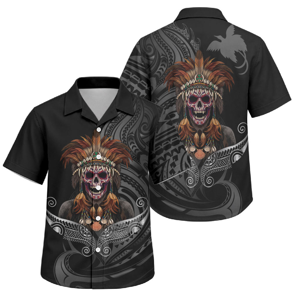Mokomoko Tribe Eastern Highlands Province Family Matching Off Shoulder Maxi Dress and Hawaiian Shirt Papua New Guinea Indigenous Pattern LT9 Son's Shirt Black - Polynesian Pride