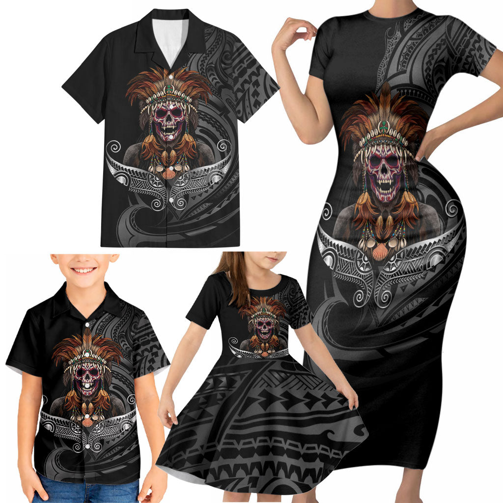 Mokomoko Tribe Eastern Highlands Province Family Matching Short Sleeve Bodycon Dress and Hawaiian Shirt Papua New Guinea Indigenous Pattern LT9 - Polynesian Pride