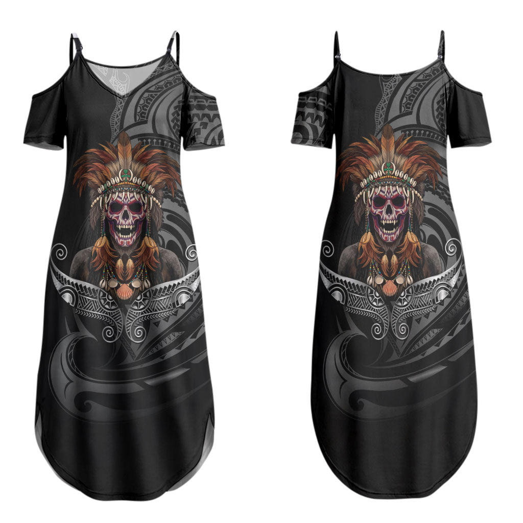 Mokomoko Tribe Eastern Highlands Province Family Matching Summer Maxi Dress and Hawaiian Shirt Papua New Guinea Indigenous Pattern LT9 Mom's Dress Black - Polynesian Pride