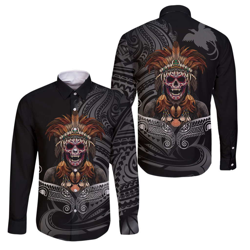 Mokomoko Tribe Eastern Highlands Province Family Matching Summer Maxi Dress and Hawaiian Shirt Papua New Guinea Indigenous Pattern LT9 Dad's Shirt - Long Sleeve Black - Polynesian Pride