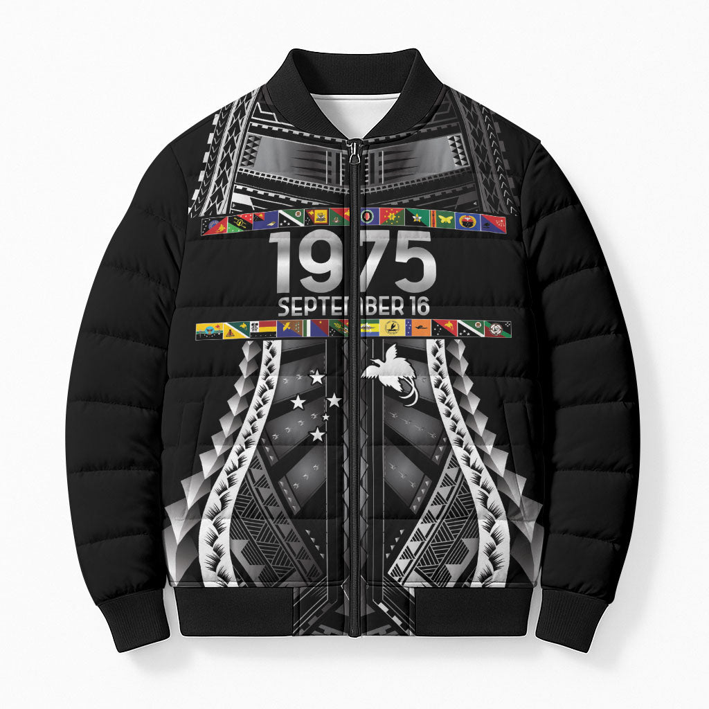 Independen Stet bilong Papua Niugini 1975 Bomber Puffer Jacket Black Tribal Papua New Guinea Province Flag LT9 Unisex Black - Polynesian Pride