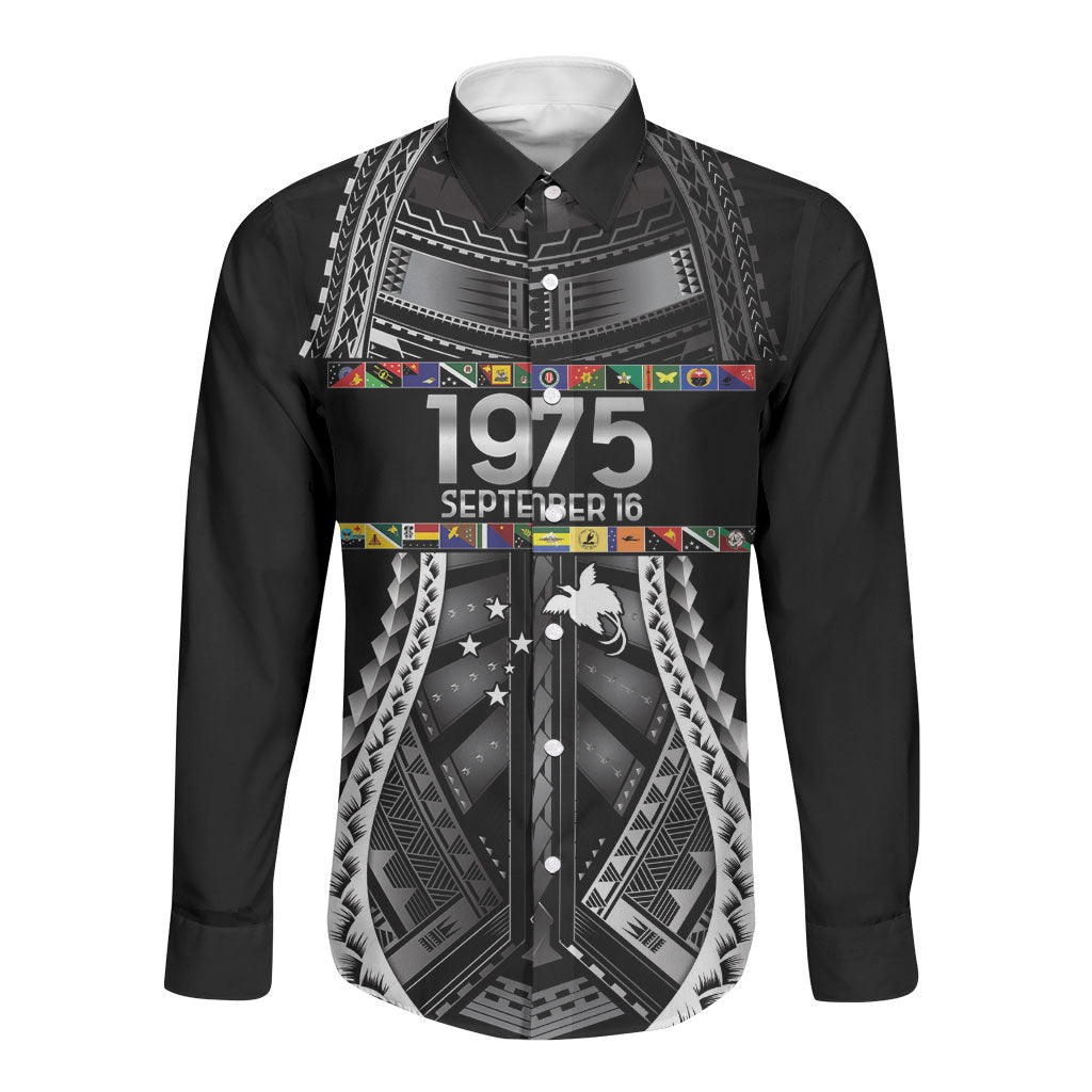 Independen Stet bilong Papua Niugini 1975 Long Sleeve Button Shirt Black Tribal Papua New Guinea Province Flag LT9 Unisex Black - Polynesian Pride