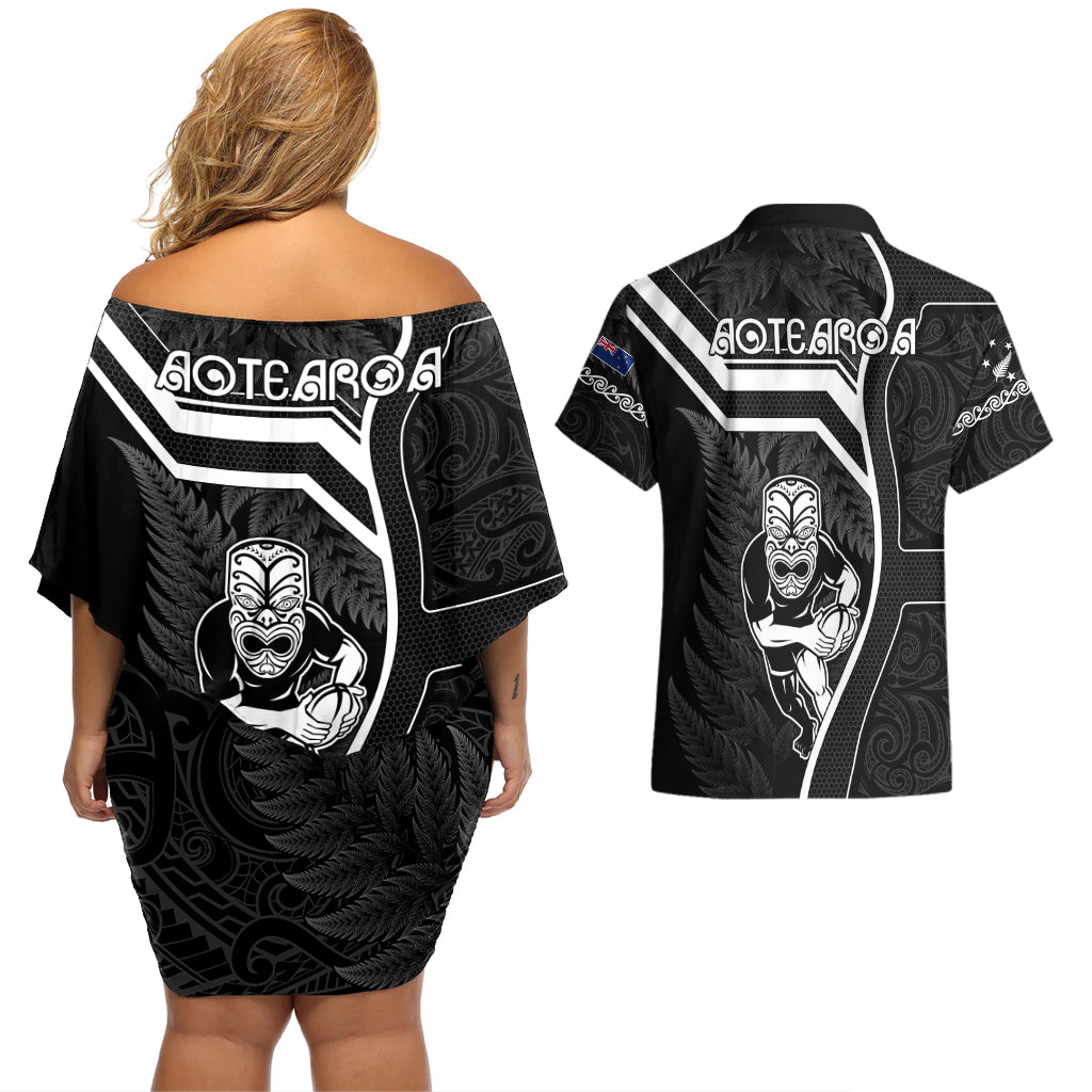New Zealand Aotearoa Rugby Couples Matching Off Shoulder Short Dress and Hawaiian Shirt Black Fern Maori Tribal Sporty Style LT9 - Polynesian Pride