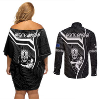 New Zealand Aotearoa Rugby Couples Matching Off Shoulder Short Dress and Long Sleeve Button Shirts Black Fern Maori Tribal Sporty Style LT9 - Polynesian Pride
