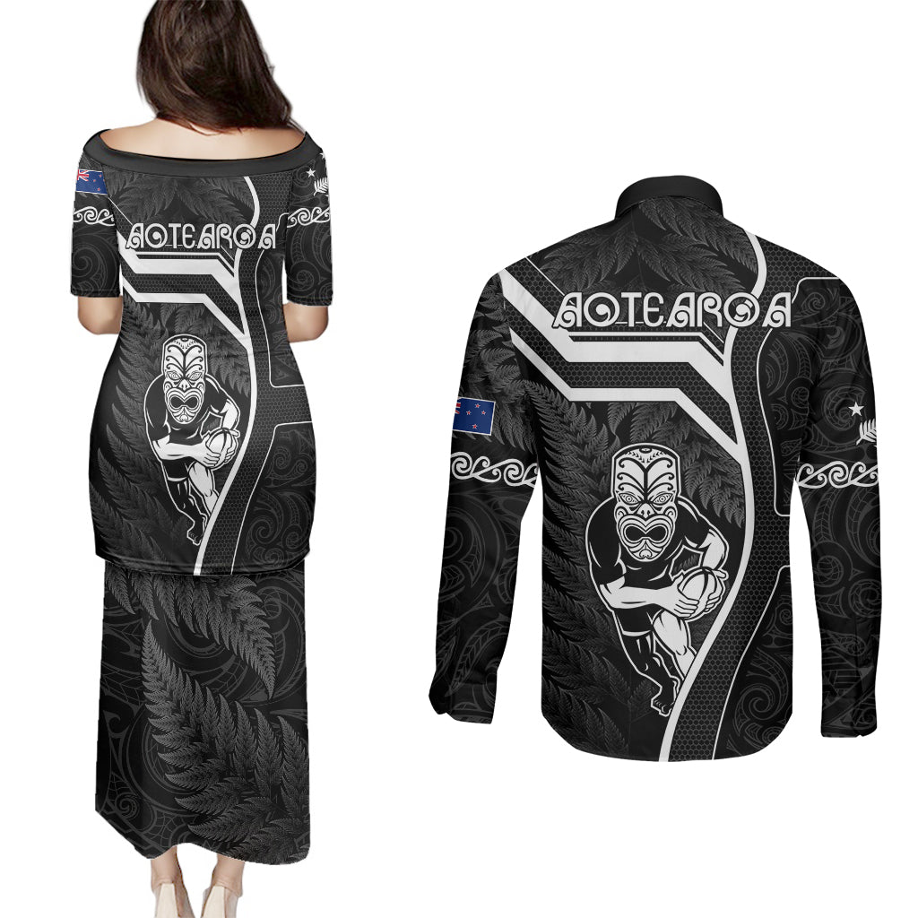 New Zealand Aotearoa Rugby Couples Matching Puletasi Dress and Long Sleeve Button Shirts Black Fern Maori Tribal Sporty Style LT9 - Polynesian Pride