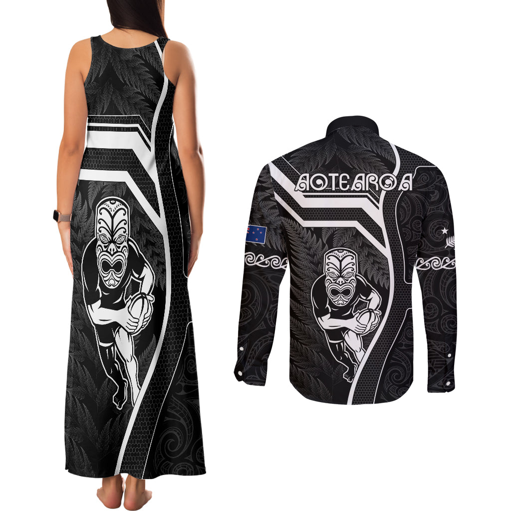 New Zealand Aotearoa Rugby Couples Matching Tank Maxi Dress and Long Sleeve Button Shirts Black Fern Maori Tribal Sporty Style LT9 - Polynesian Pride