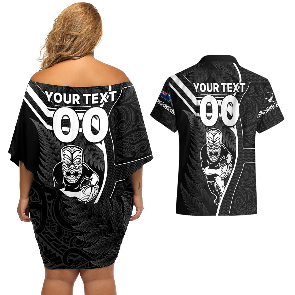 Custom New Zealand Aotearoa Rugby Couples Matching Off Shoulder Short Dress and Hawaiian Shirt Black Fern Maori Tribal Sporty Style LT9 - Polynesian Pride