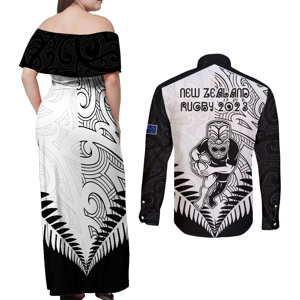 New Zealand Rugby Couples Matching Off Shoulder Maxi Dress and Long Sleeve Button Shirts Proud Aoteroa Stylised Maori Koru LT9 - Polynesian Pride