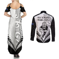 New Zealand Rugby Couples Matching Summer Maxi Dress and Long Sleeve Button Shirts Proud Aoteroa Stylised Maori Koru LT9 - Polynesian Pride