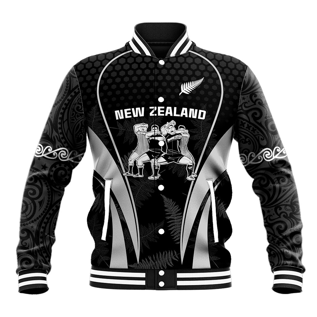 New Zealand Aotearoa Rugby Baseball Jacket Haka Dance Mixed Silver Fern Sporty Style LT9 Unisex Black - Polynesian Pride