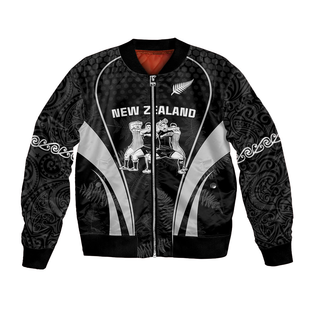 New Zealand Aotearoa Rugby Bomber Jacket Haka Dance Mixed Silver Fern Sporty Style LT9 Unisex Black - Polynesian Pride
