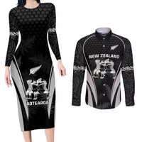 New Zealand Aotearoa Rugby Couples Matching Long Sleeve Bodycon Dress and Long Sleeve Button Shirt Haka Dance Mixed Silver Fern Sporty Style LT9 Black - Polynesian Pride