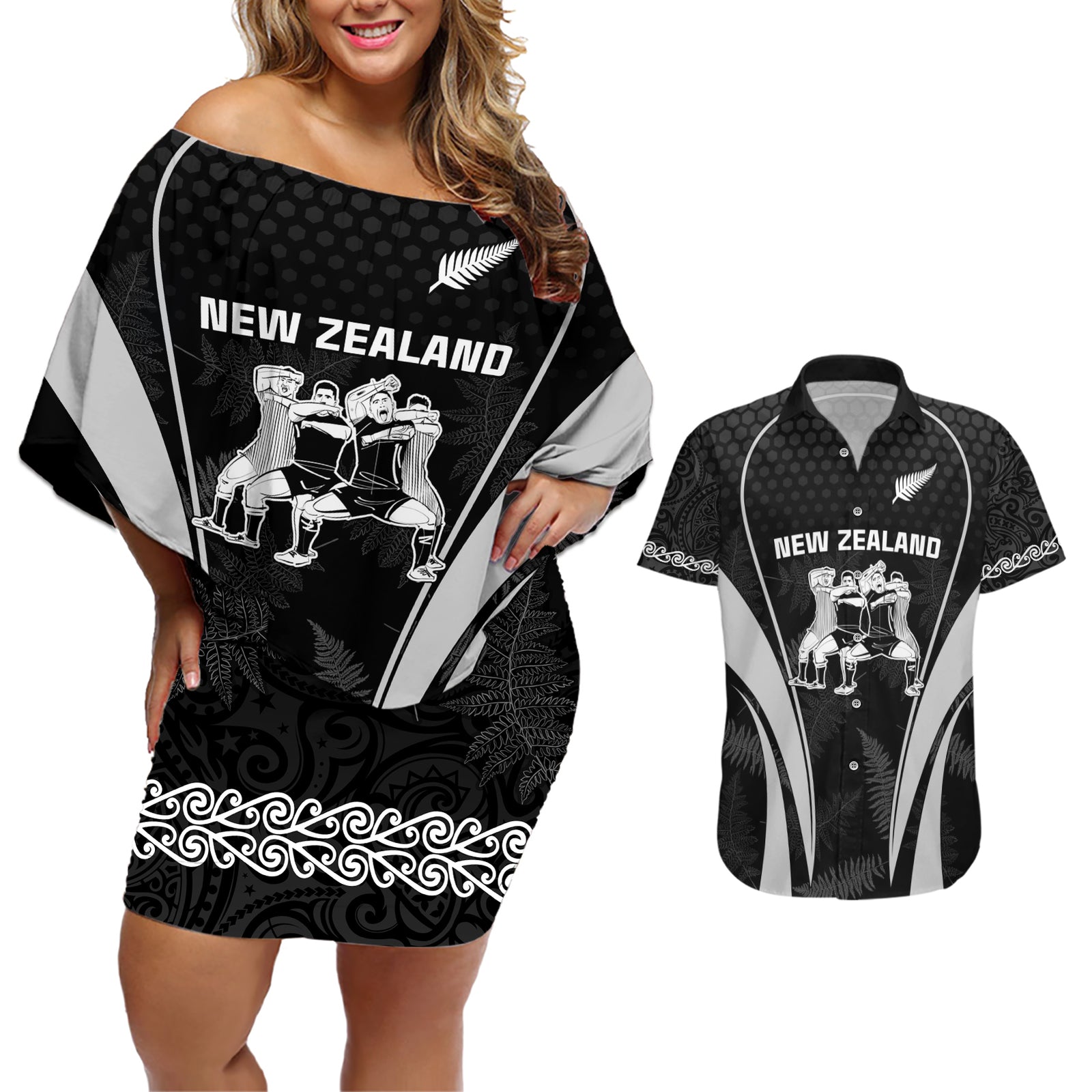 New Zealand Aotearoa Rugby Couples Matching Off Shoulder Short Dress and Hawaiian Shirt Haka Dance Mixed Silver Fern Sporty Style LT9 Black - Polynesian Pride