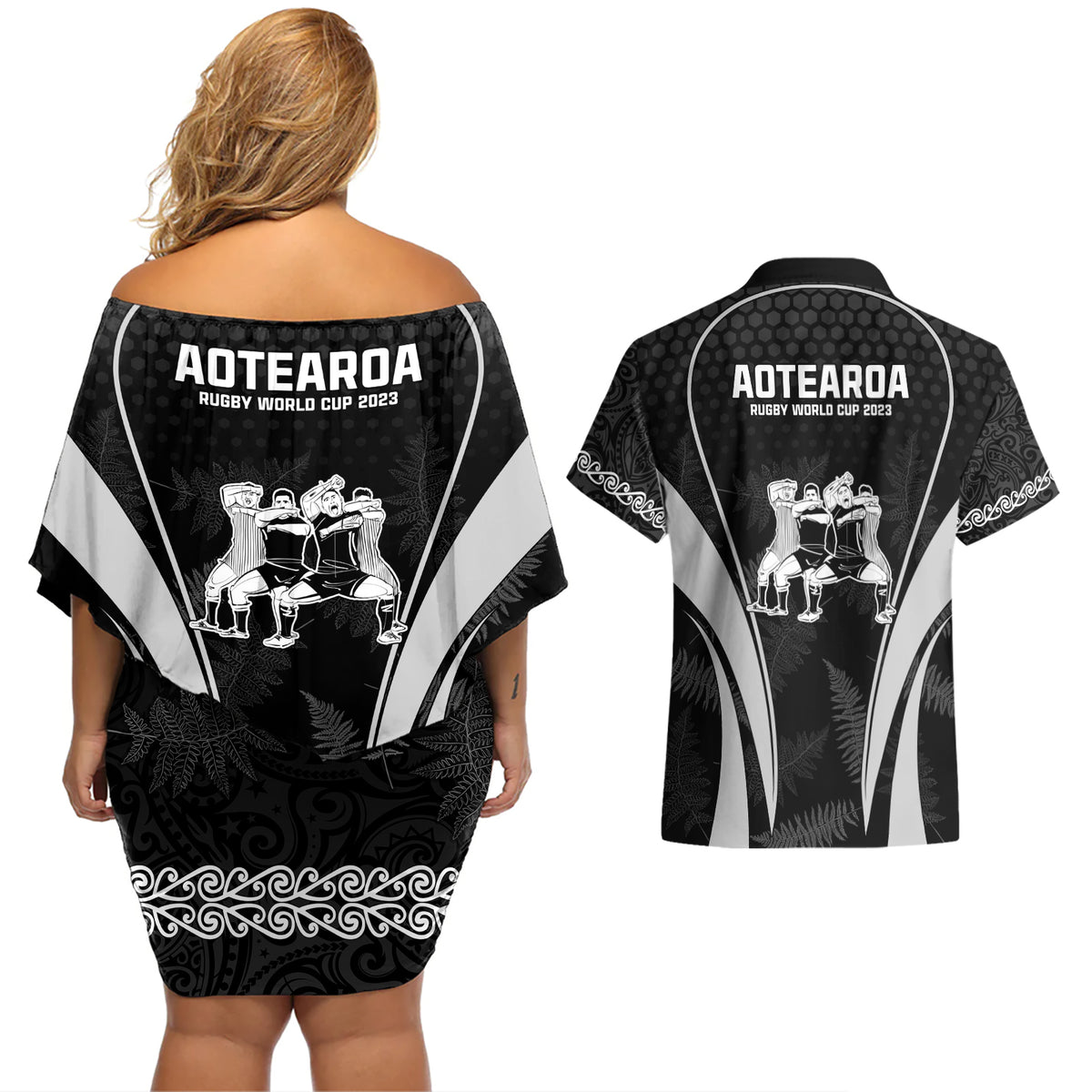 New Zealand Aotearoa Rugby Couples Matching Off Shoulder Short Dress and Hawaiian Shirt Haka Dance Mixed Silver Fern Sporty Style LT9 - Polynesian Pride