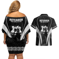 New Zealand Aotearoa Rugby Couples Matching Off Shoulder Short Dress and Hawaiian Shirt Haka Dance Mixed Silver Fern Sporty Style LT9 - Polynesian Pride