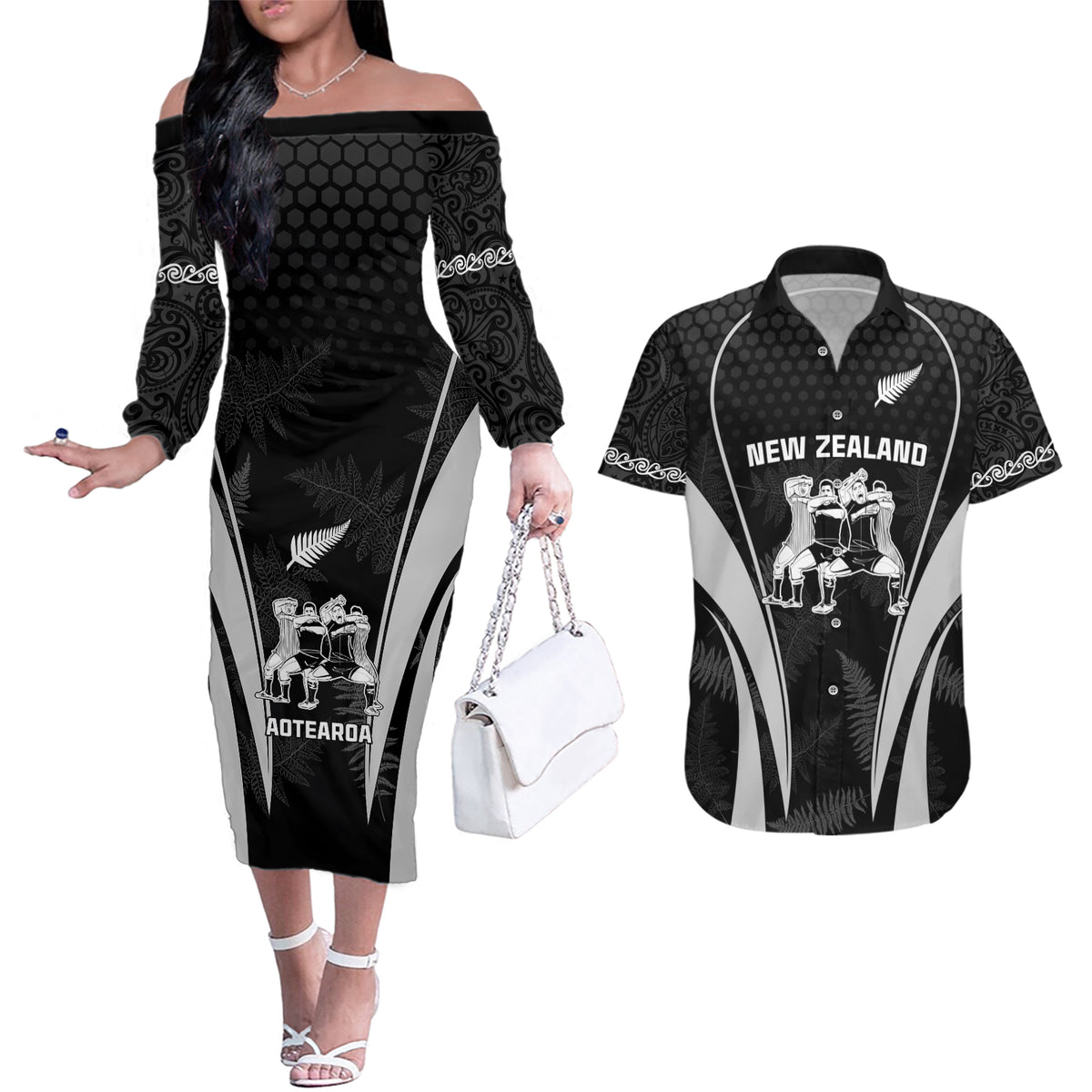New Zealand Aotearoa Rugby Couples Matching Off The Shoulder Long Sleeve Dress and Hawaiian Shirt Haka Dance Mixed Silver Fern Sporty Style LT9 Black - Polynesian Pride