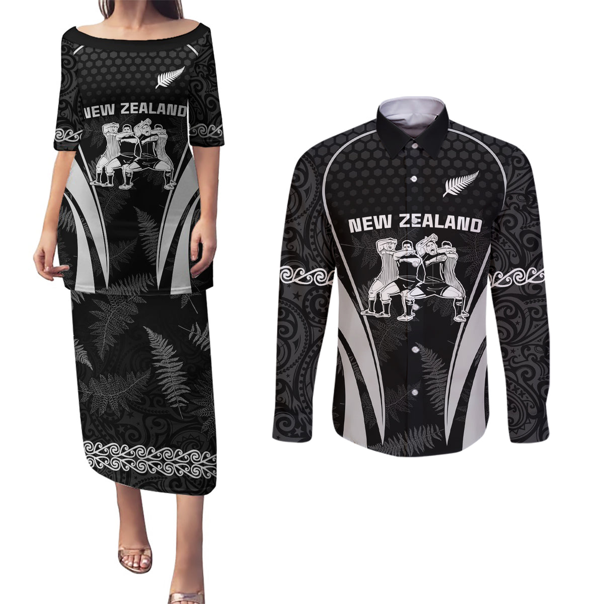 New Zealand Aotearoa Rugby Couples Matching Puletasi Dress and Long Sleeve Button Shirt Haka Dance Mixed Silver Fern Sporty Style LT9 Black - Polynesian Pride