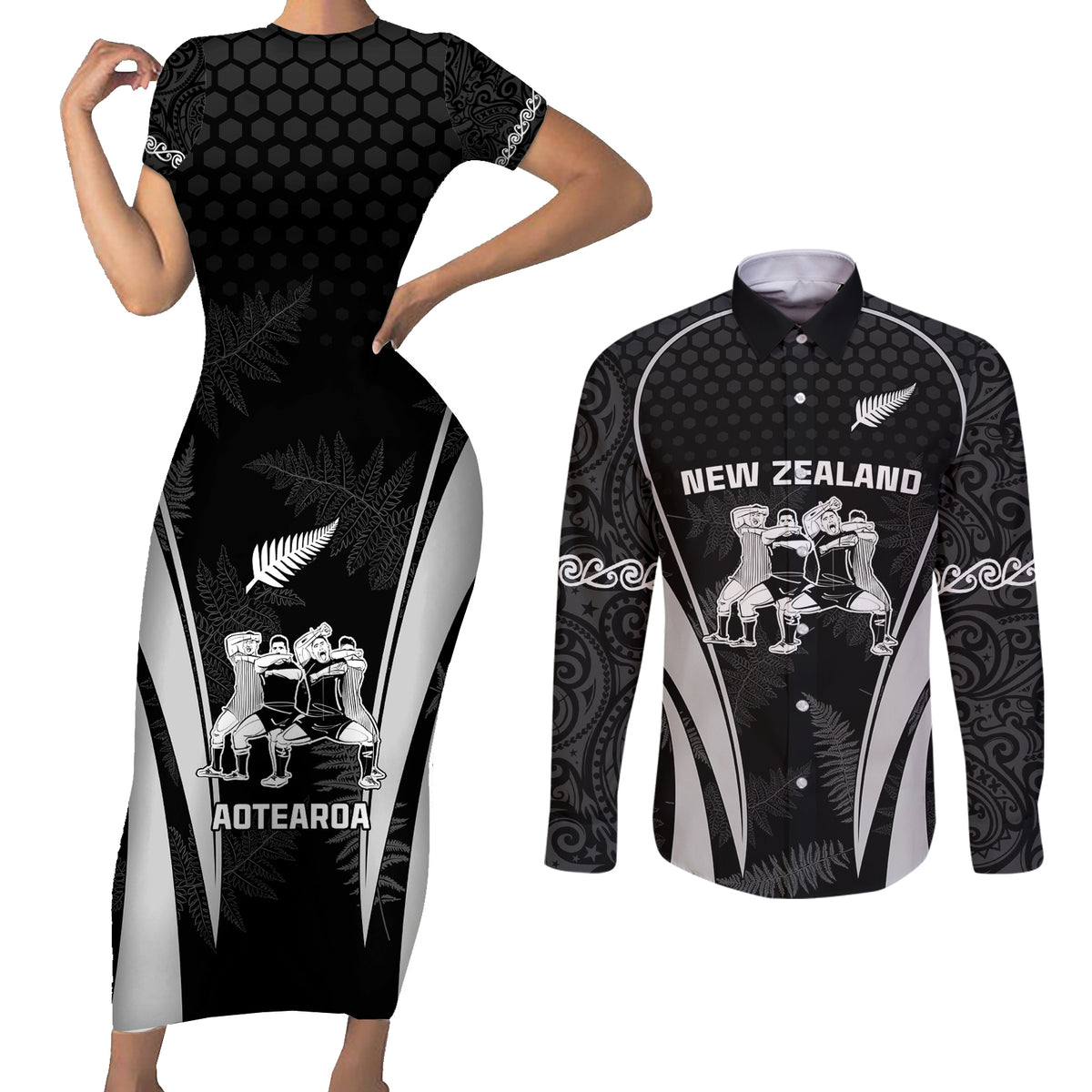 New Zealand Aotearoa Rugby Couples Matching Short Sleeve Bodycon Dress and Long Sleeve Button Shirt Haka Dance Mixed Silver Fern Sporty Style LT9 Black - Polynesian Pride