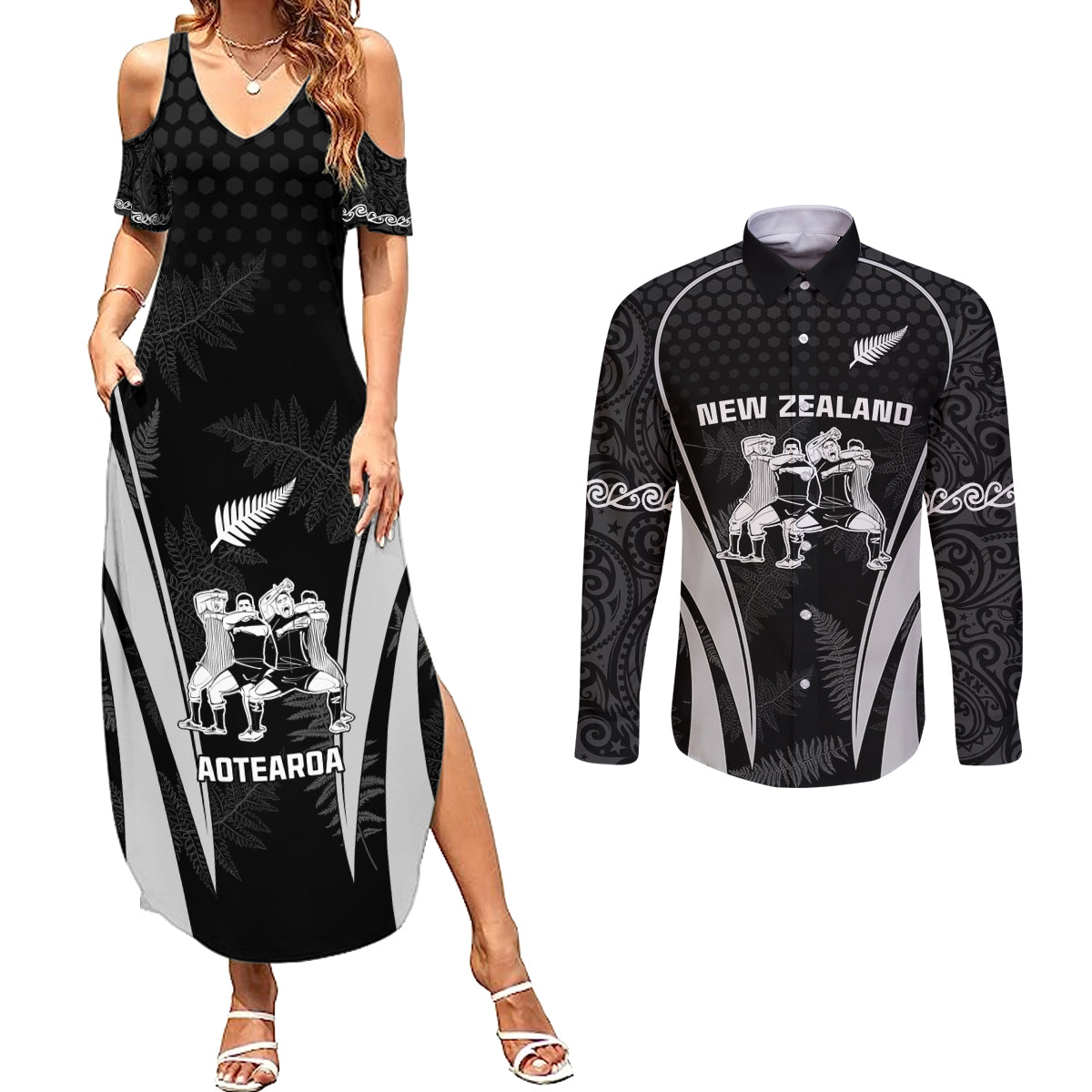 New Zealand Aotearoa Rugby Couples Matching Summer Maxi Dress and Long Sleeve Button Shirt Haka Dance Mixed Silver Fern Sporty Style LT9 Black - Polynesian Pride