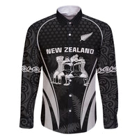 New Zealand Aotearoa Rugby Family Matching Off Shoulder Maxi Dress and Hawaiian Shirt Haka Dance Mixed Silver Fern Sporty Style LT9 Dad's Shirt - Long Sleeve Black - Polynesian Pride
