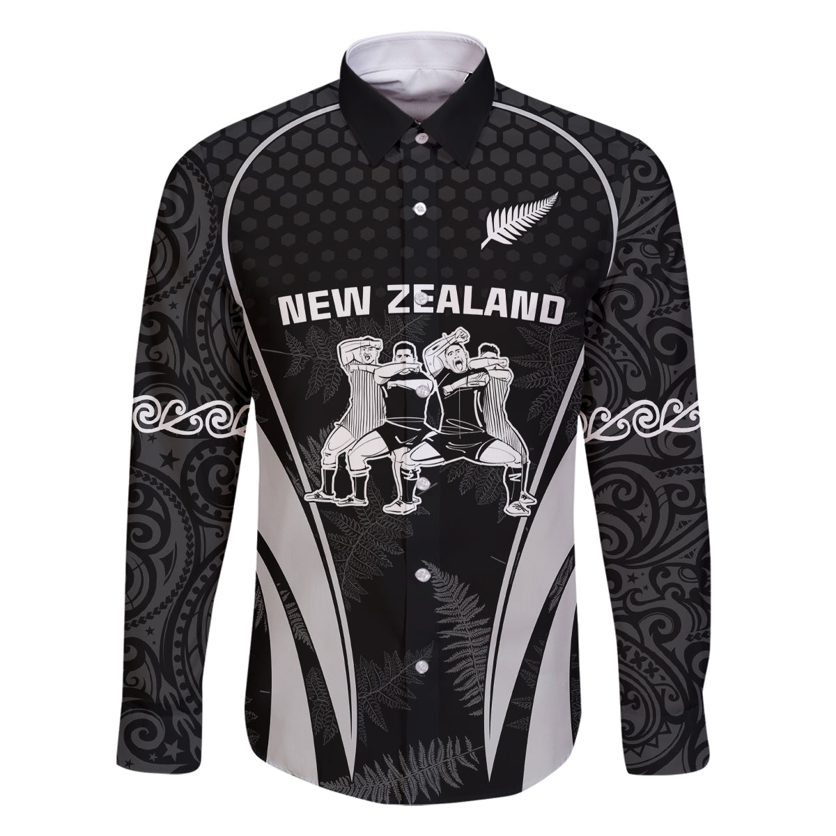 New Zealand Aotearoa Rugby Family Matching Off Shoulder Short Dress and Hawaiian Shirt Haka Dance Mixed Silver Fern Sporty Style LT9 Dad's Shirt - Long Sleeve Black - Polynesian Pride