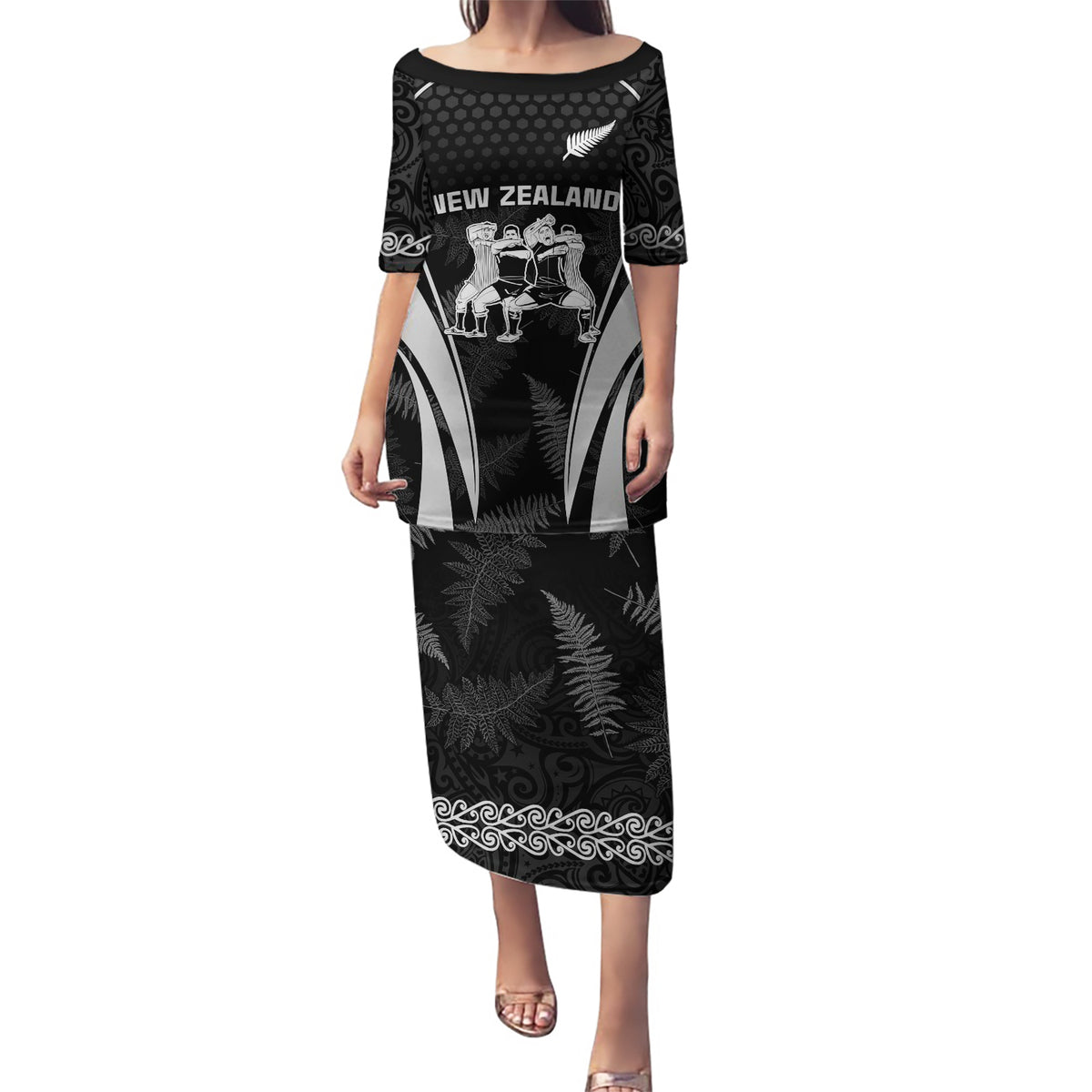 New Zealand Aotearoa Rugby Puletasi Haka Dance Mixed Silver Fern Sporty Style LT9 Long Dress Black - Polynesian Pride