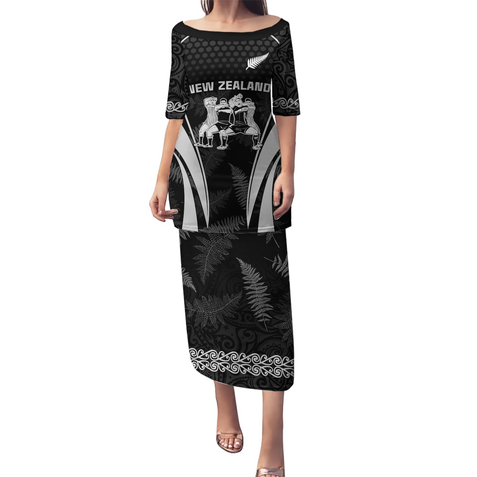 New Zealand Aotearoa Rugby Puletasi Haka Dance Mixed Silver Fern Sporty Style LT9 Long Dress Black - Polynesian Pride
