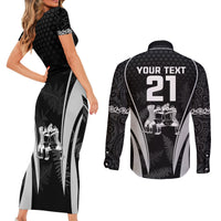 Custom New Zealand Aotearoa Rugby Couples Matching Short Sleeve Bodycon Dress and Long Sleeve Button Shirts Haka Dance Mixed Silver Fern Sporty Style LT9 - Polynesian Pride
