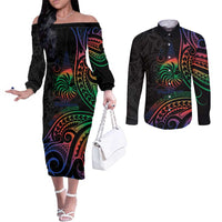 New Caledonia Polynesian Tatoo Personalised Couples Matching Off The Shoulder Long Sleeve Dress and Long Sleeve Button Shirt LT9 Black - Polynesian Pride