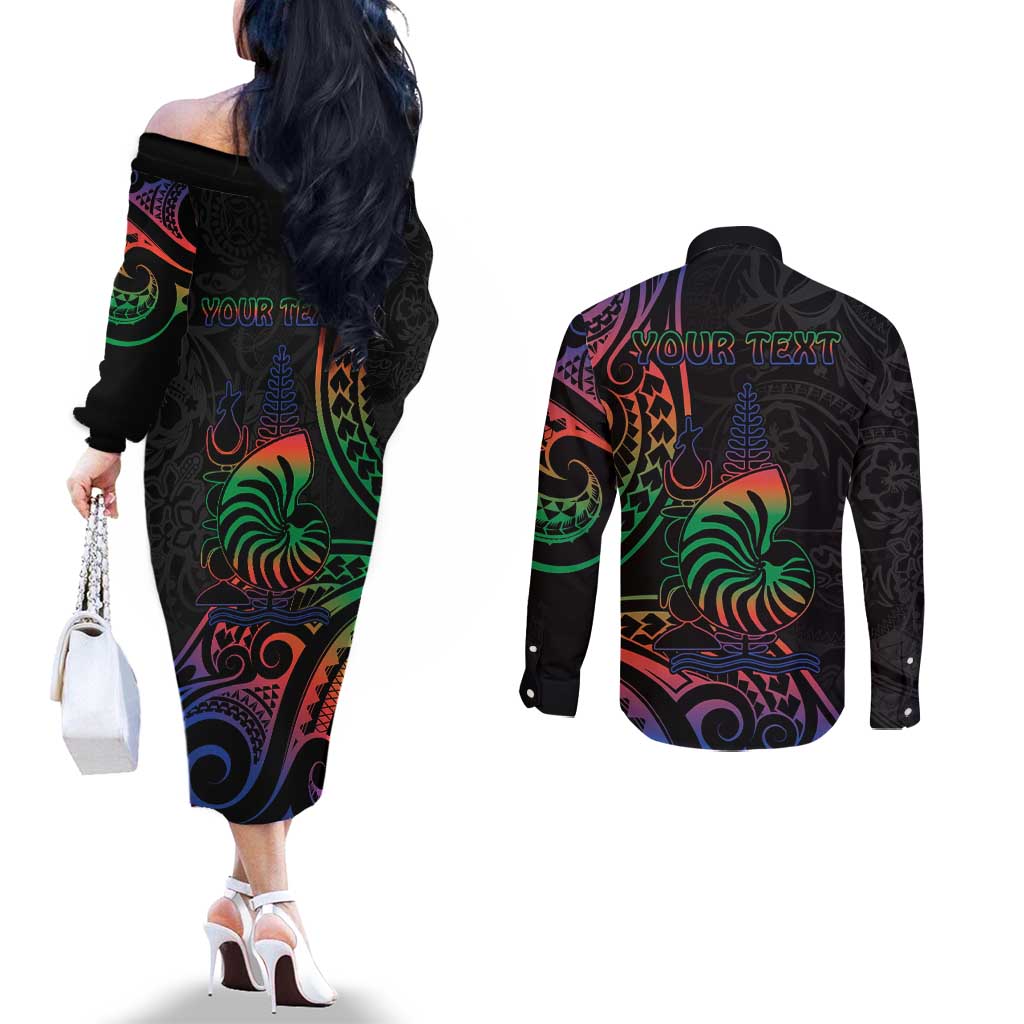 New Caledonia Polynesian Tatoo Personalised Couples Matching Off The Shoulder Long Sleeve Dress and Long Sleeve Button Shirt LT9 - Polynesian Pride