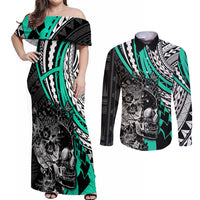 personalised-polynesia-skull-couples-matching-off-shoulder-maxi-dress-and-long-sleeve-button-shirts-tattoo-in-the-style-of-maori-with-marine-life-aqua