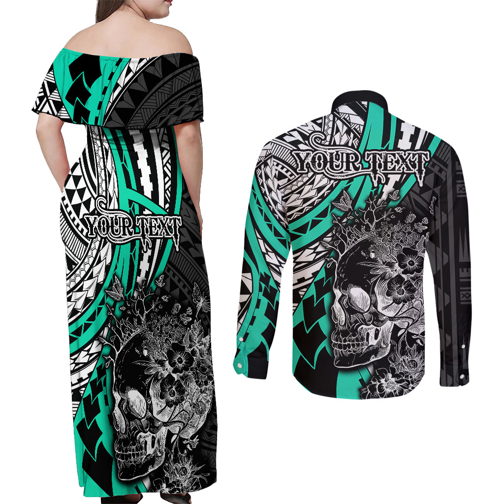 personalised-polynesia-skull-couples-matching-off-shoulder-maxi-dress-and-long-sleeve-button-shirts-tattoo-in-the-style-of-maori-with-marine-life-aqua