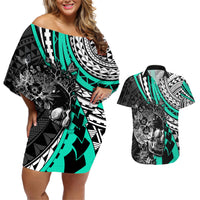personalised-polynesia-skull-couples-matching-off-shoulder-short-dress-and-hawaiian-shirt-tattoo-in-the-style-of-maori-with-marine-life-aqua