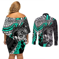 personalised-polynesia-skull-couples-matching-off-shoulder-short-dress-and-long-sleeve-button-shirts-tattoo-in-the-style-of-maori-with-marine-life-aqua