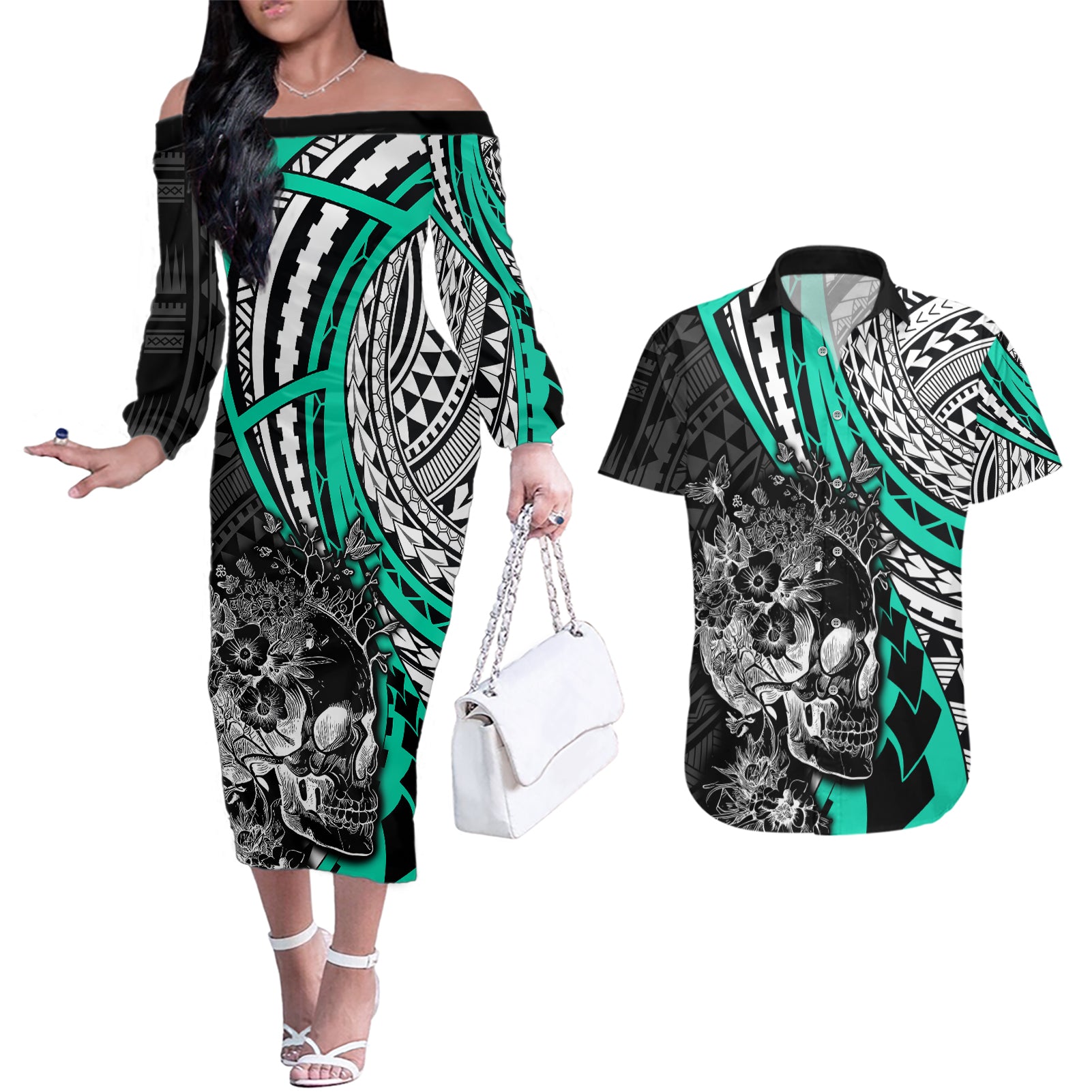 personalised-polynesia-skull-couples-matching-off-the-shoulder-long-sleeve-dress-and-hawaiian-shirt-tattoo-in-the-style-of-maori-with-marine-life-aqua