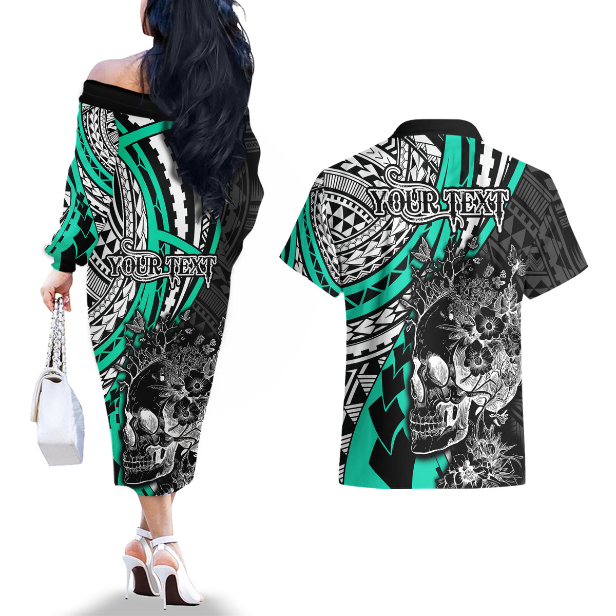 personalised-polynesia-skull-couples-matching-off-the-shoulder-long-sleeve-dress-and-hawaiian-shirt-tattoo-in-the-style-of-maori-with-marine-life-aqua