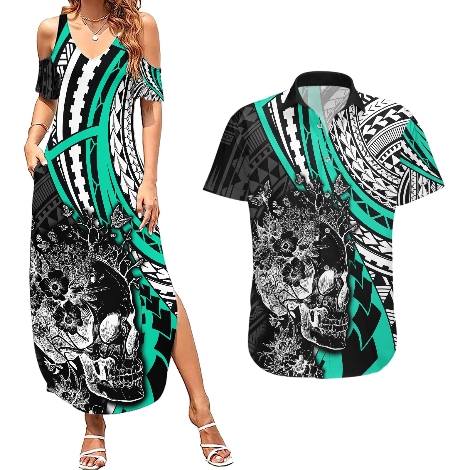 personalised-polynesia-skull-couples-matching-summer-maxi-dress-and-hawaiian-shirt-tattoo-in-the-style-of-maori-with-marine-life-aqua