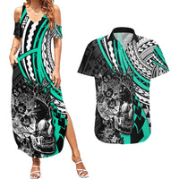personalised-polynesia-skull-couples-matching-summer-maxi-dress-and-hawaiian-shirt-tattoo-in-the-style-of-maori-with-marine-life-aqua