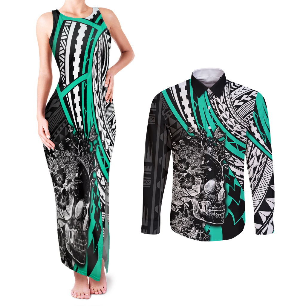 personalised-polynesia-skull-couples-matching-tank-maxi-dress-and-long-sleeve-button-shirts-tattoo-in-the-style-of-maori-with-marine-life-aqua