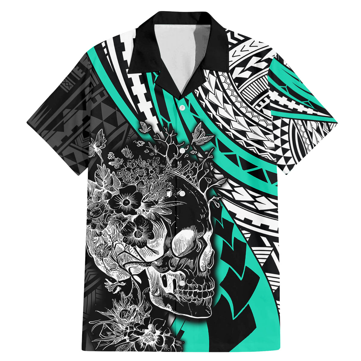 personalised-polynesia-skull-family-matching-mermaid-dress-and-hawaiian-shirt-tattoo-in-the-style-of-maori-with-marine-life-aqua